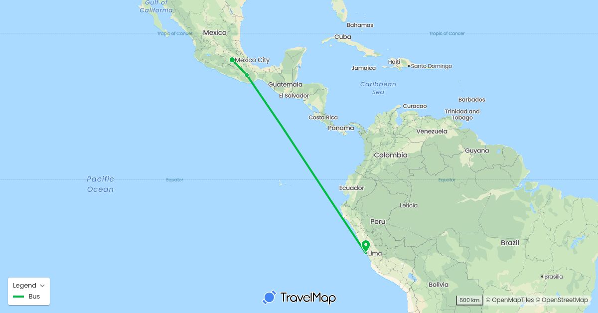 TravelMap itinerary: driving, bus in Mexico, Peru (North America, South America)